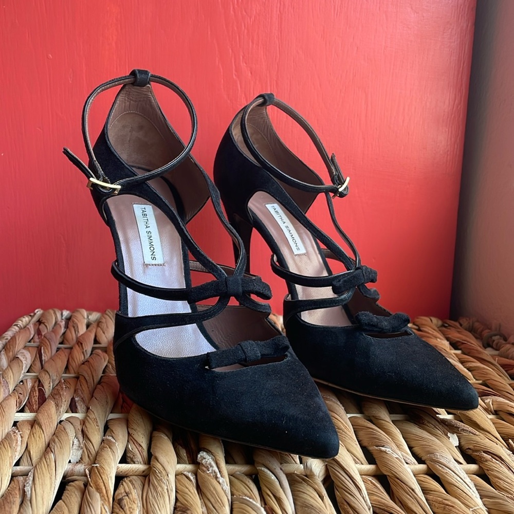Tabitha Simmons Black kid suede pump with bows